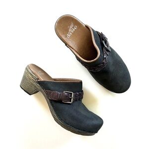 Dansko Black Milled Genuine Nubuck Leather Braided Buckle Heeled Mule Clogs